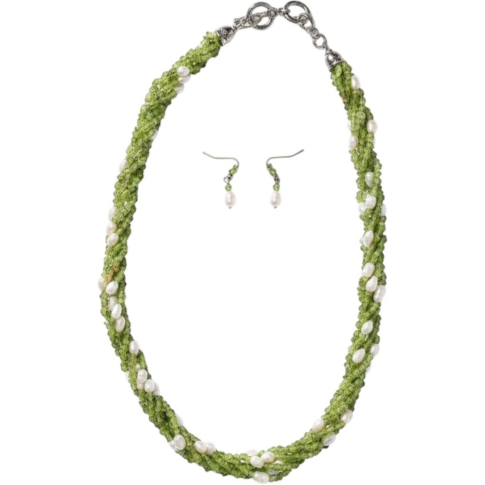 Peridot and Freshwater Pearl Twisted Necklace and Drop Earring Jewelry Set Green